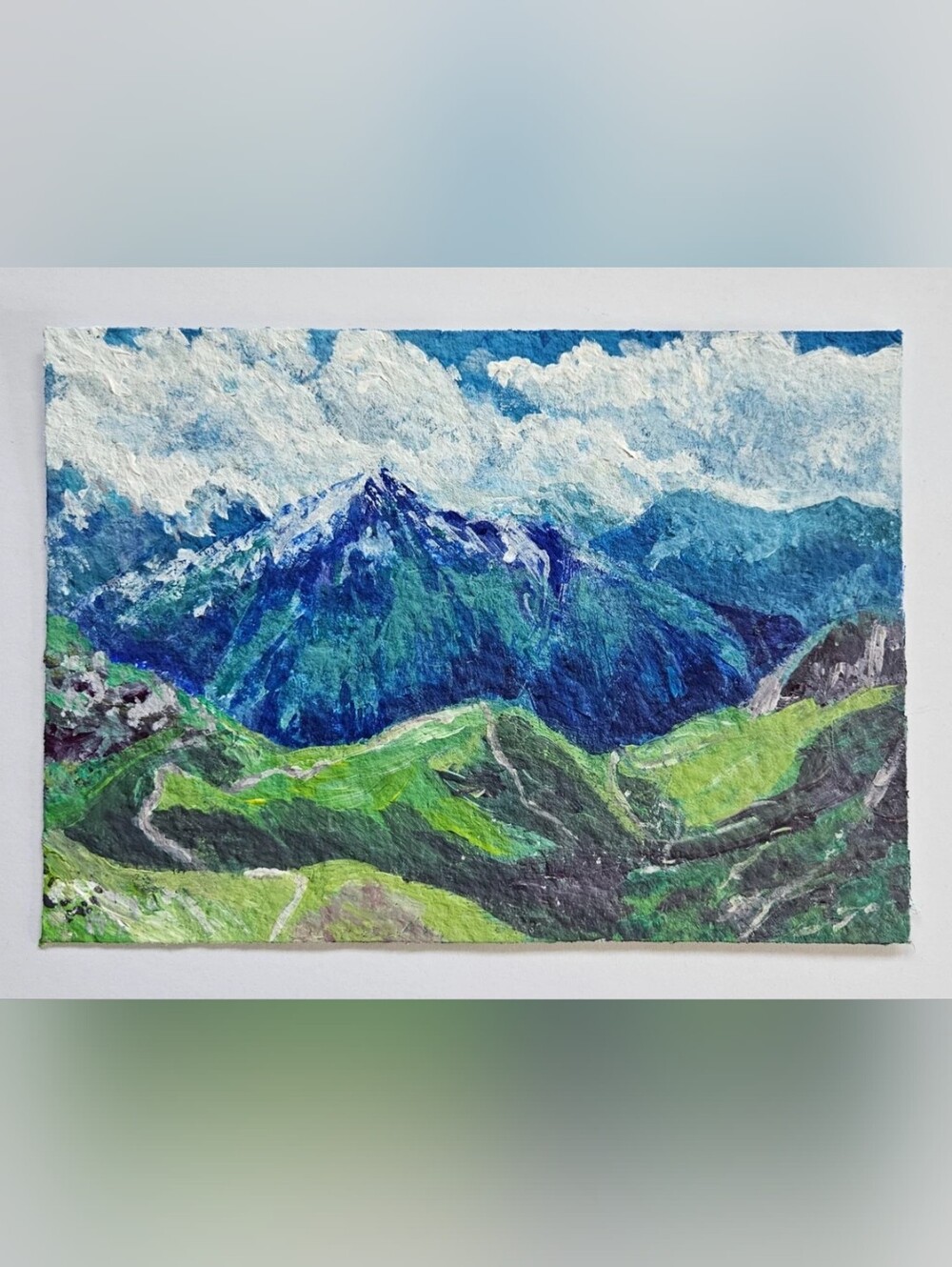 5x7 mountains French Alps acrylic abstract painting - paper blue green landscape